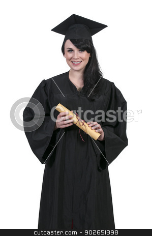 To use this stock image in your creative project, please select the size you need over to the right and click the "Add to Cart" button.
Your downloaded image will come with the Cutcaster watermark removed so don’t worry about the watermark you see on this page. Graduate stock photo, Young woman in her graduation robes by Robert Byron