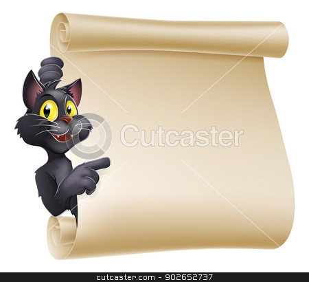 To use this stock image in your creative project, please select the size you need over to the right and click the "Add to Cart" button.
Your downloaded image will come with the Cutcaster watermark removed so don’t worry about the watermark you see on this page. Halloween Cat Scroll stock vector clipart, An illustration of a cute cartoon Halloween cat peeping round a scroll sign and showing what is written on it. by Christos Georghiou