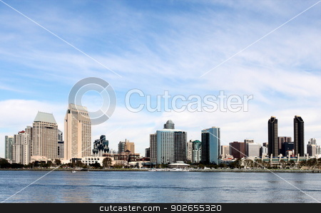 To use this stock image in your creative project, please select the size you need over to the right and click the "Add to Cart" button.
Your downloaded image will come with the Cutcaster watermark removed so don’t worry about the watermark you see on this page. San Diego Skyline stock photo, The skyline of San Diego with water in the front and cloudy blue sky in the background. by Henrik Lehnerer
