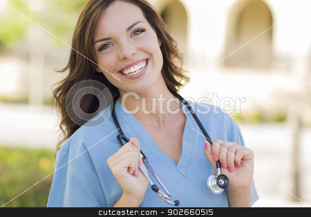 To use this stock image in your creative project, please select the size you need over to the right and click the "Add to Cart" button.
Your downloaded image will come with the Cutcaster watermark removed so don’t worry about the watermark you see on this page. Young Adult Woman Doctor or Nurse Portrait Outside stock photo, Attractive Young Adult Woman Doctor or Nurse Portrait Outside. by Andy Dean