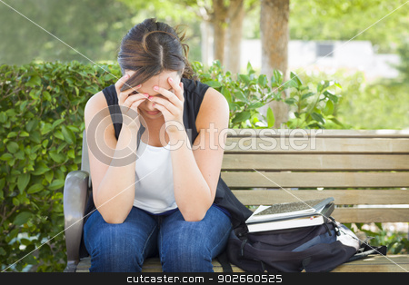 To use this stock image in your creative project, please select the size you need over to the right and click the "Add to Cart" button.
Your downloaded image will come with the Cutcaster watermark removed so don’t worry about the watermark you see on this page. Upset Young Woman Sitting Alone on Bench Next to Books stock photo, Upset Young Woman Sitting Alone with Her Head in Her Hands on Bench Next to Books and Backpack. by Andy Dean