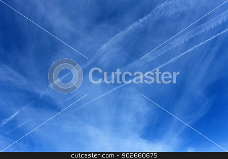 To use this stock image in your creative project, please select the size you need over to the right and click the "Add to Cart" button.
Your downloaded image will come with the Cutcaster watermark removed so don’t worry about the watermark you see on this page. Vapor trails in blue sky stock photo, Scenic view of white vapor trails in blue sky. by Martin Crowdy