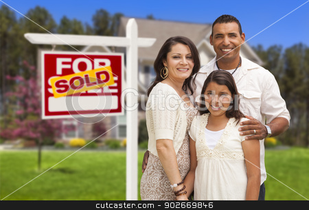To use this stock image in your creative project, please select the size you need over to the right and click the "Add to Cart" button.
Your downloaded image will come with the Cutcaster watermark removed so don’t worry about the watermark you see on this page. Hispanic Family in Front of Their New Home and Sign stock photo, Hispanic Mother, Father and Daughter in Front of Their New Home with Sold Home For Sale Real Estate Sign. by Andy Dean