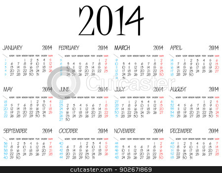 To use this stock image in your creative project, please select the size you need over to the right and click the "Add to Cart" button.
Your downloaded image will come with the Cutcaster watermark removed so don’t worry about the watermark you see on this page. simple calendar 2014 stock vector clipart, simple calendar 2014 over white background, abstract vector art illustration by Laschon Robert Paul