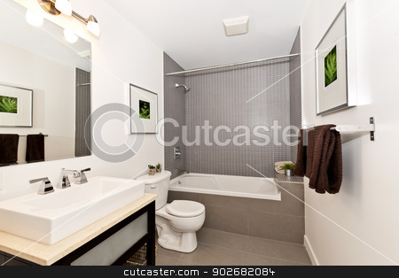 To use this stock image in your creative project, please select the size you need over to the right and click the "Add to Cart" button.
Your downloaded image will come with the Cutcaster watermark removed so don’t worry about the watermark you see on this page. Bathroom interior stock photo, Interior three piece bathroom - artwork on walls are from photographer portfolio by Elena Elisseeva