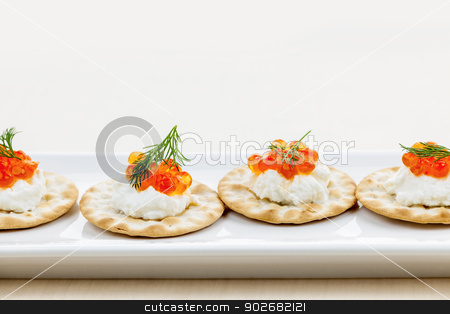 To use this stock image in your creative project, please select the size you need over to the right and click the "Add to Cart" button.
Your downloaded image will come with the Cutcaster watermark removed so don’t worry about the watermark you see on this page. Caviar appetizers stock photo, Caviar appetizer with goat cheese and crackers on white plate by Elena Elisseeva
