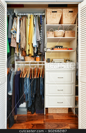 To use this stock image in your creative project, please select the size you need over to the right and click the "Add to Cart" button.
Your downloaded image will come with the Cutcaster watermark removed so don’t worry about the watermark you see on this page. Organized closet stock photo, Clothes hung neatly in organized closet at home by Elena Elisseeva