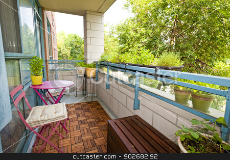 To use this stock image in your creative project, please select the size you need over to the right and click the "Add to Cart" button.
Your downloaded image will come with the Cutcaster watermark removed so don’t worry about the watermark you see on this page. Apartment balcony stock photo, Balcony of condo with patio furniture and plants by Elena Elisseeva