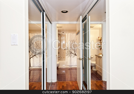 To use this stock image in your creative project, please select the size you need over to the right and click the "Add to Cart" button.
Your downloaded image will come with the Cutcaster watermark removed so don’t worry about the watermark you see on this page. Mirrored closets and bathroom stock photo, Interior hallway with walk through mirrored closets to bathroom by Elena Elisseeva