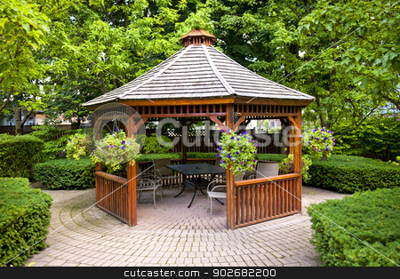 To use this stock image in your creative project, please select the size you need over to the right and click the "Add to Cart" button.
Your downloaded image will come with the Cutcaster watermark removed so don’t worry about the watermark you see on this page. Gazebo in garden stock photo, Gazebo in landscaped garden with interlocking stone patio by Elena Elisseeva