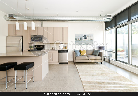 To use this stock image in your creative project, please select the size you need over to the right and click the "Add to Cart" button.
Your downloaded image will come with the Cutcaster watermark removed so don’t worry about the watermark you see on this page. Modern condo kitchen and living room stock photo, Kitchen and living room of loft apartment - artwork from photographer portfolio by Elena Elisseeva
