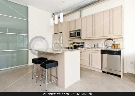 To use this stock image in your creative project, please select the size you need over to the right and click the "Add to Cart" button.
Your downloaded image will come with the Cutcaster watermark removed so don’t worry about the watermark you see on this page. Modern condo kitchen stock photo, Kitchen in modern loft condo with island and stainless steel appliances by Elena Elisseeva