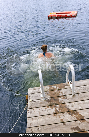 To use this stock image in your creative project, please select the size you need over to the right and click the "Add to Cart" button.
Your downloaded image will come with the Cutcaster watermark removed so don’t worry about the watermark you see on this page. Teenage girl swimming in lake stock photo, Teen girl splashing and swimming in lake near dock by Elena Elisseeva