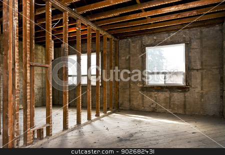 To use this stock image in your creative project, please select the size you need over to the right and click the "Add to Cart" button.
Your downloaded image will come with the Cutcaster watermark removed so don’t worry about the watermark you see on this page. Home interior gutted for renovation stock photo, Interior of a house under gut renovation at construction site by Elena Elisseeva