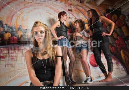 To use this stock image in your creative project, please select the size you need over to the right and click the "Add to Cart" button.
Your downloaded image will come with the Cutcaster watermark removed so don’t worry about the watermark you see on this page. Shy Young Woman stock photo, Shy blond young woman near group of ladies talking by Scott Griessel