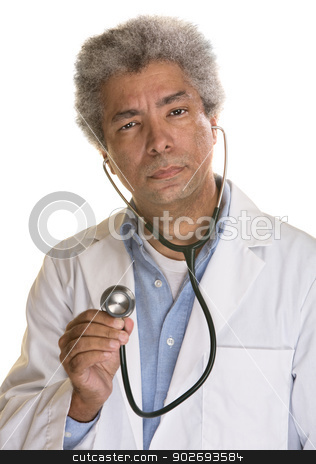 To use this stock image in your creative project, please select the size you need over to the right and click the "Add to Cart" button.
Your downloaded image will come with the Cutcaster watermark removed so don’t worry about the watermark you see on this page. Doctor Using Stethoscope stock photo, Serious African doctor using stethoscope on white background by Scott Griessel