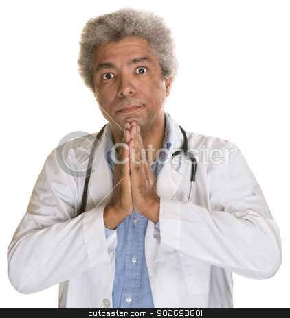 To use this stock image in your creative project, please select the size you need over to the right and click the "Add to Cart" button.
Your downloaded image will come with the Cutcaster watermark removed so don’t worry about the watermark you see on this page. Doctor with Palms Together stock photo, Wide eyed medical doctor with palms together by Scott Griessel