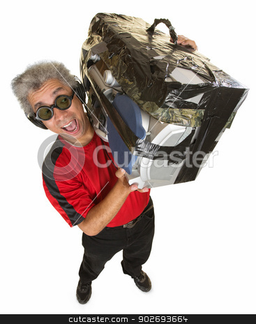 To use this stock image in your creative project, please select the size you need over to the right and click the "Add to Cart" button.
Your downloaded image will come with the Cutcaster watermark removed so don’t worry about the watermark you see on this page. Smiling Man with Old Boom Box stock photo, Handsome mature man holding portable radio with tape by Scott Griessel