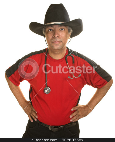 To use this stock image in your creative project, please select the size you need over to the right and click the "Add to Cart" button.
Your downloaded image will come with the Cutcaster watermark removed so don’t worry about the watermark you see on this page. Cute Cowboy Doctor stock photo, Serious mature doctor in cowboy hat and stethescope by Scott Griessel