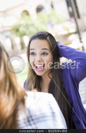 To use this stock image in your creative project, please select the size you need over to the right and click the "Add to Cart" button.
Your downloaded image will come with the Cutcaster watermark removed so don’t worry about the watermark you see on this page. Expressive Young Mixed Race Female Sitting and Talking with Girl stock photo, Attractive Expressive Young Mixed Race Female Student Sitting and Talking with Girlfriend Outside on Bench. by Andy Dean