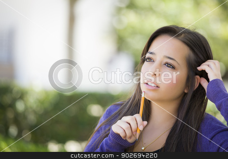 To use this stock image in your creative project, please select the size you need over to the right and click the "Add to Cart" button.
Your downloaded image will come with the Cutcaster watermark removed so don’t worry about the watermark you see on this page. Pensive Mixed Race Female Student with Pencil on Campus stock photo, Attractive Pensive Mixed Race Female Student with Pencil Sitting on Campus Bench. by Andy Dean