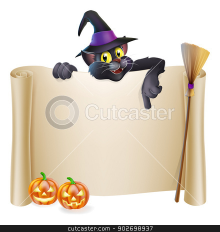 To use this stock image in your creative project, please select the size you need over to the right and click the "Add to Cart" button.
Your downloaded image will come with the Cutcaster watermark removed so don’t worry about the watermark you see on this page. Halloween witch cat scroll stock vector clipart, A Halloween scroll sign with a cat character above the banner, pumpkins and witch's hat and broomstick by Christos Georghiou