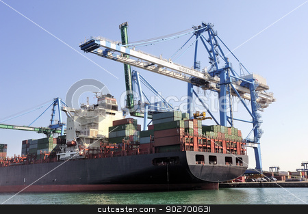 To use this stock image in your creative project, please select the size you need over to the right and click the "Add to Cart" button.
Your downloaded image will come with the Cutcaster watermark removed so don’t worry about the watermark you see on this page. carry containers to quay stock photo, carry containers to quay in the wearing of Fos-sur-Mer beside Marseille to charge its cargo. by Paire