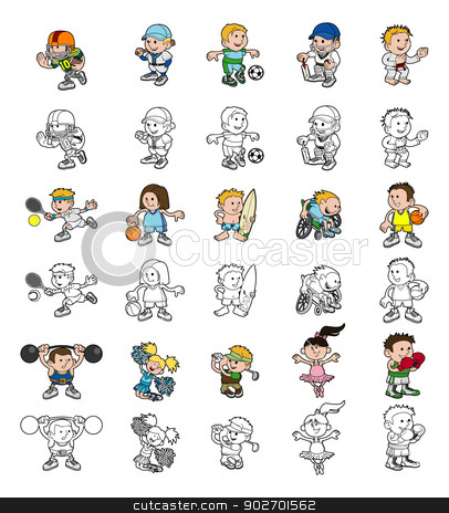 To use this stock image in your creative project, please select the size you need over to the right and click the "Add to Cart" button.
Your downloaded image will come with the Cutcaster watermark removed so don’t worry about the watermark you see on this page. Cartoon people playing sports stock vector clipart, A set of cartoon cartoon people or children playing sports. Color and black an white outline versions. by Christos Georghiou