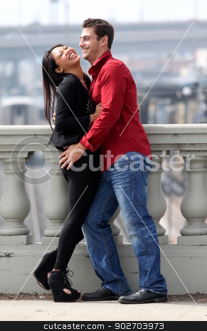 To use this stock image in your creative project, please select the size you need over to the right and click the "Add to Cart" button.
Your downloaded image will come with the Cutcaster watermark removed so don’t worry about the watermark you see on this page. Couple Laughing stock photo, A Couple standing together and laughing. by Henrik Lehnerer