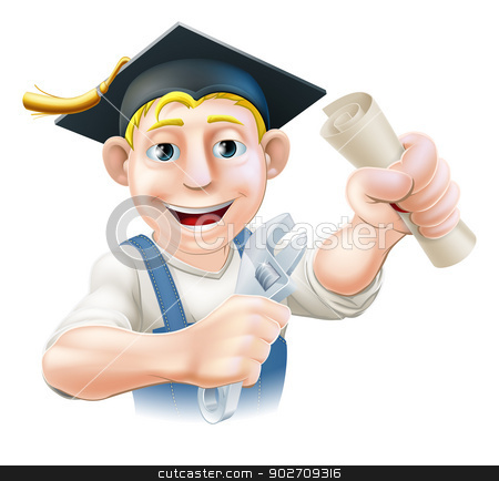 To use this stock image in your creative project, please select the size you need over to the right and click the "Add to Cart" button.
Your downloaded image will come with the Cutcaster watermark removed so don’t worry about the watermark you see on this page. Graduate plumber or mechanic stock vector clipart, Professional training or learning or being qualified concept. Plumber or mechanic with wrench and mortar board graduate cap and diploma certificate or other qualification. by Christos Georghiou