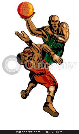 To use this stock image in your creative project, please select the size you need over to the right and click the "Add to Cart" button.
Your downloaded image will come with the Cutcaster watermark removed so don’t worry about the watermark you see on this page. Basketball Player Dunking Blocking stock vector clipart, Illustration of a basketball player dunking a ball with someone blocking him. by patrimonio