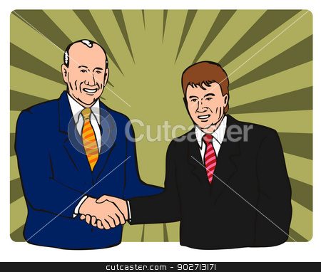 To use this stock image in your creative project, please select the size you need over to the right and click the "Add to Cart" button.
Your downloaded image will come with the Cutcaster watermark removed so don’t worry about the watermark you see on this page. Businessmen Shaking Hands stock vector clipart, Illustration of two businessmen shaking hands done in retro style. by patrimonio