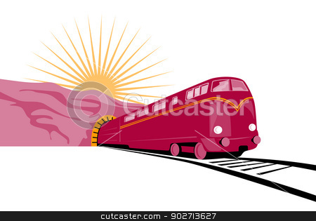 To use this stock image in your creative project, please select the size you need over to the right and click the "Add to Cart" button.
Your downloaded image will come with the Cutcaster watermark removed so don’t worry about the watermark you see on this page. Train Coming out of tunnel stock vector clipart, Illustration of a train coming out of a tunnel with sun in the background done in retro style. by patrimonio