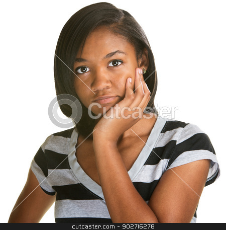 To use this stock image in your creative project, please select the size you need over to the right and click the "Add to Cart" button.
Your downloaded image will come with the Cutcaster watermark removed so don’t worry about the watermark you see on this page. Pensive Teen in Striped Shirt stock photo, Pensive female teenager with chin in palm on isolated background by Scott Griessel