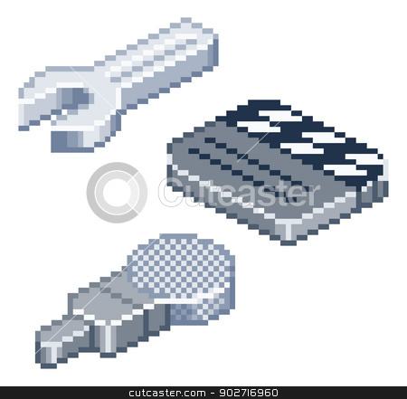 To use this stock image in your creative project, please select the size you need over to the right and click the "Add to Cart" button.
Your downloaded image will come with the Cutcaster watermark removed so don’t worry about the watermark you see on this page. Pixel retro style isometric icons stock vector clipart, Some retro pixel style icons in isometric view. Spanner or wrench, film clapper-board and microphone icons. by Christos Georghiou