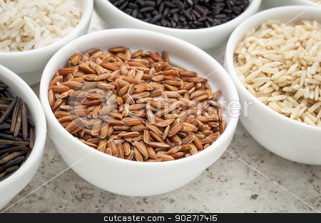 To use this stock image in your creative project, please select the size you need over to the right and click the "Add to Cart" button.
Your downloaded image will come with the Cutcaster watermark removed so don’t worry about the watermark you see on this page. brown rice grain stock photo, a small bowl of brown rice grain among bowls of other grains by Marek Uliasz