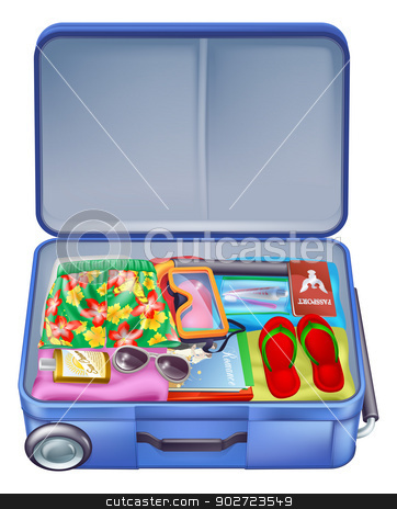 To use this stock image in your creative project, please select the size you need over to the right and click the "Add to Cart" button.
Your downloaded image will come with the Cutcaster watermark removed so don’t worry about the watermark you see on this page. Full holiday vacation suitcase stock vector clipart, Illustration of a full holiday vacation suitcase with all the essentials like summer clothing, sunglasses, sun cream, books and of course a passport by Christos Georghiou