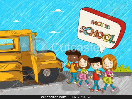 To use this stock image in your creative project, please select the size you need over to the right and click the "Add to Cart" button.
Your downloaded image will come with the Cutcaster watermark removed so don’t worry about the watermark you see on this page. Back to school kids education cartoon illustration. stock vector clipart, Colorful Back to school kids with school bus and social speech bubble cartoon illustration. Vector file layered for easy personalization. by Cienpies Design
