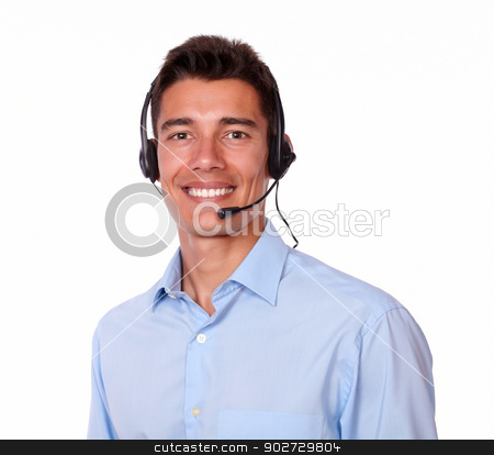 To use this stock image in your creative project, please select the size you need over to the right and click the "Add to Cart" button.
Your downloaded image will come with the Cutcaster watermark removed so don’t worry about the watermark you see on this page. Adult charismatic man with headphones smiling stock photo, A portrait of a adult charismatic man with headphones smiling while looking at you on isolated background by pablocalvog