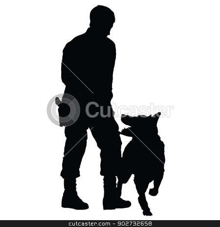 To use this stock image in your creative project, please select the size you need over to the right and click the "Add to Cart" button.
Your downloaded image will come with the Cutcaster watermark removed so don’t worry about the watermark you see on this page. Police Dog 4 stock vector clipart, Silhouette of a police officer training with his dog partner by Maria Bell