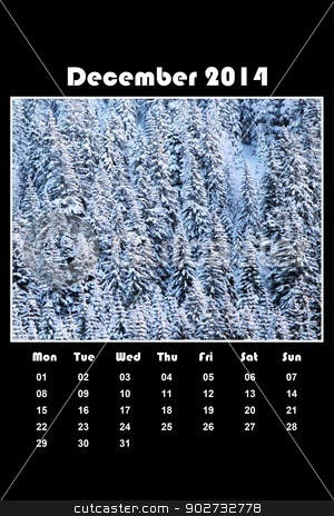 To use this stock image in your creative project, please select the size you need over to the right and click the "Add to Cart" button.
Your downloaded image will come with the Cutcaster watermark removed so don’t worry about the watermark you see on this page. Nature calendar for 2014 - december stock photo, Colorful english calendar for december 2014 in black background, fir trees forest covered with snow by Elenarts
