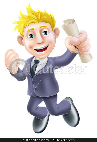 To use this stock image in your creative project, please select the size you need over to the right and click the "Add to Cart" button.
Your downloaded image will come with the Cutcaster watermark removed so don’t worry about the watermark you see on this page. Jumping businessman and scroll stock vector clipart, Cartoon businessman with certificate, qualification or other scroll jumping for joy with fist clenched. Education concept for learning, training or passing a professional examination especially career development. by Christos Georghiou