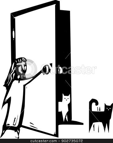 To use this stock image in your creative project, please select the size you need over to the right and click the "Add to Cart" button.
Your downloaded image will come with the Cutcaster watermark removed so don’t worry about the watermark you see on this page. Cat Door stock vector clipart, Woodcut style image of a girl open a door for cats. by Jeffrey Thompson