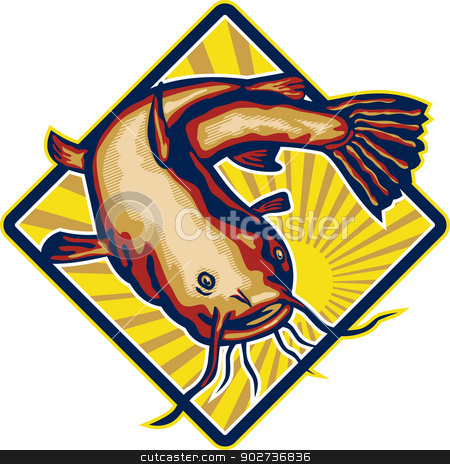 To use this stock image in your creative project, please select the size you need over to the right and click the "Add to Cart" button.
Your downloaded image will come with the Cutcaster watermark removed so don’t worry about the watermark you see on this page. Catfish Mud Cat Polliwog Jumping Retro stock vector clipart, Illustration of a ray-finned fish catfish also known as mud cat, polliwogs or chucklehead jumping set inside diamond shape with sunburst done in retro style. by patrimonio