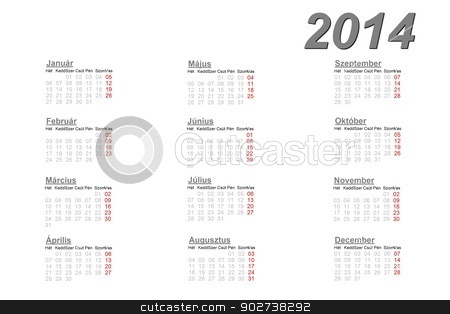 To use this stock image in your creative project, please select the size you need over to the right and click the "Add to Cart" button.
Your downloaded image will come with the Cutcaster watermark removed so don’t worry about the watermark you see on this page. Hungarian calendar for 2014 stock photo, Hungarian calendar for 2014 on white background by Elenarts