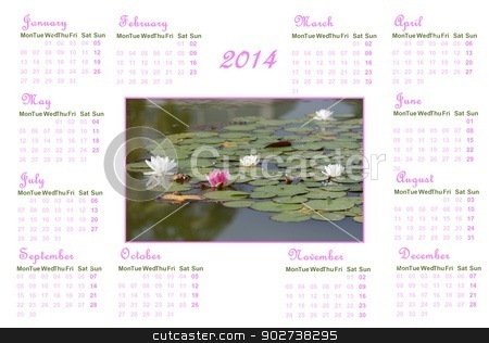 To use this stock image in your creative project, please select the size you need over to the right and click the "Add to Cart" button.
Your downloaded image will come with the Cutcaster watermark removed so don’t worry about the watermark you see on this page. Zen english calendar for 2014 stock photo, English calendar for 2014 on white background with water lilies and leaves by Elenarts