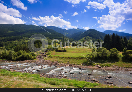 To use this stock image in your creative project, please select the size you need over to the right and click the "Add to Cart" button.
Your downloaded image will come with the Cutcaster watermark removed so don’t worry about the watermark you see on this page. Alpine landscape stock photo, Peaceful alpine plateau with fir-trees, blue sky and river by Natalia Macheda