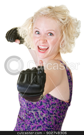 To use this stock image in your creative project, please select the size you need over to the right and click the "Add to Cart" button.
Your downloaded image will come with the Cutcaster watermark removed so don’t worry about the watermark you see on this page. Enthusiastic Female Boxer stock photo, Excited young female fighter asking for a fight by Scott Griessel