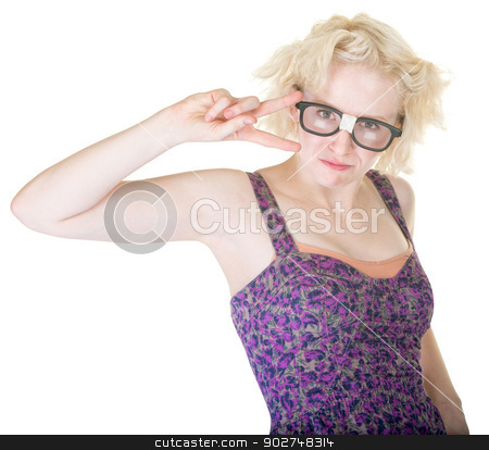 To use this stock image in your creative project, please select the size you need over to the right and click the "Add to Cart" button.
Your downloaded image will come with the Cutcaster watermark removed so don’t worry about the watermark you see on this page. Nerd Showing Peace Sign stock photo, Beautiful Caucasian female in damaged eyeglasses with peace sign by Scott Griessel