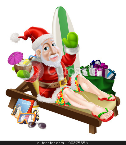 To use this stock image in your creative project, please select the size you need over to the right and click the "Add to Cart" button.
Your downloaded image will come with the Cutcaster watermark removed so don’t worry about the watermark you see on this page. Santa Claus Beach Vacation stock vector clipart, Christmas Santa Claus with his vacation items, presents and surf board relaxing on the beach or by the pool wearing board shorts and flip flop sandals and enjoying a tropical cocktail drink. by Christos Georghiou